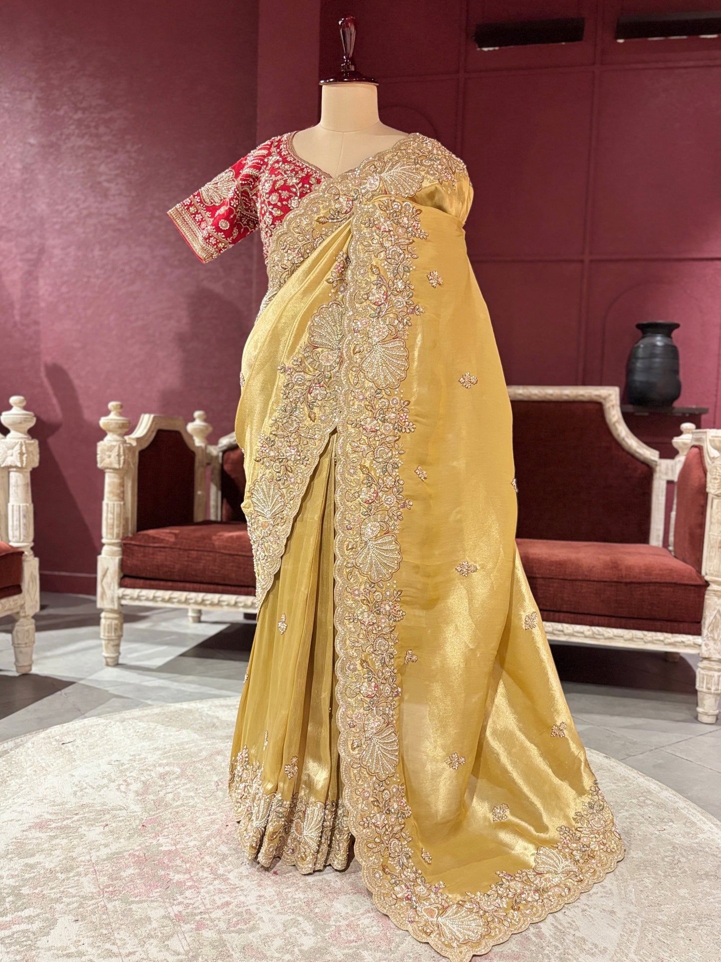Golden Designer Saree with Paisley Embroidery With Dupatta