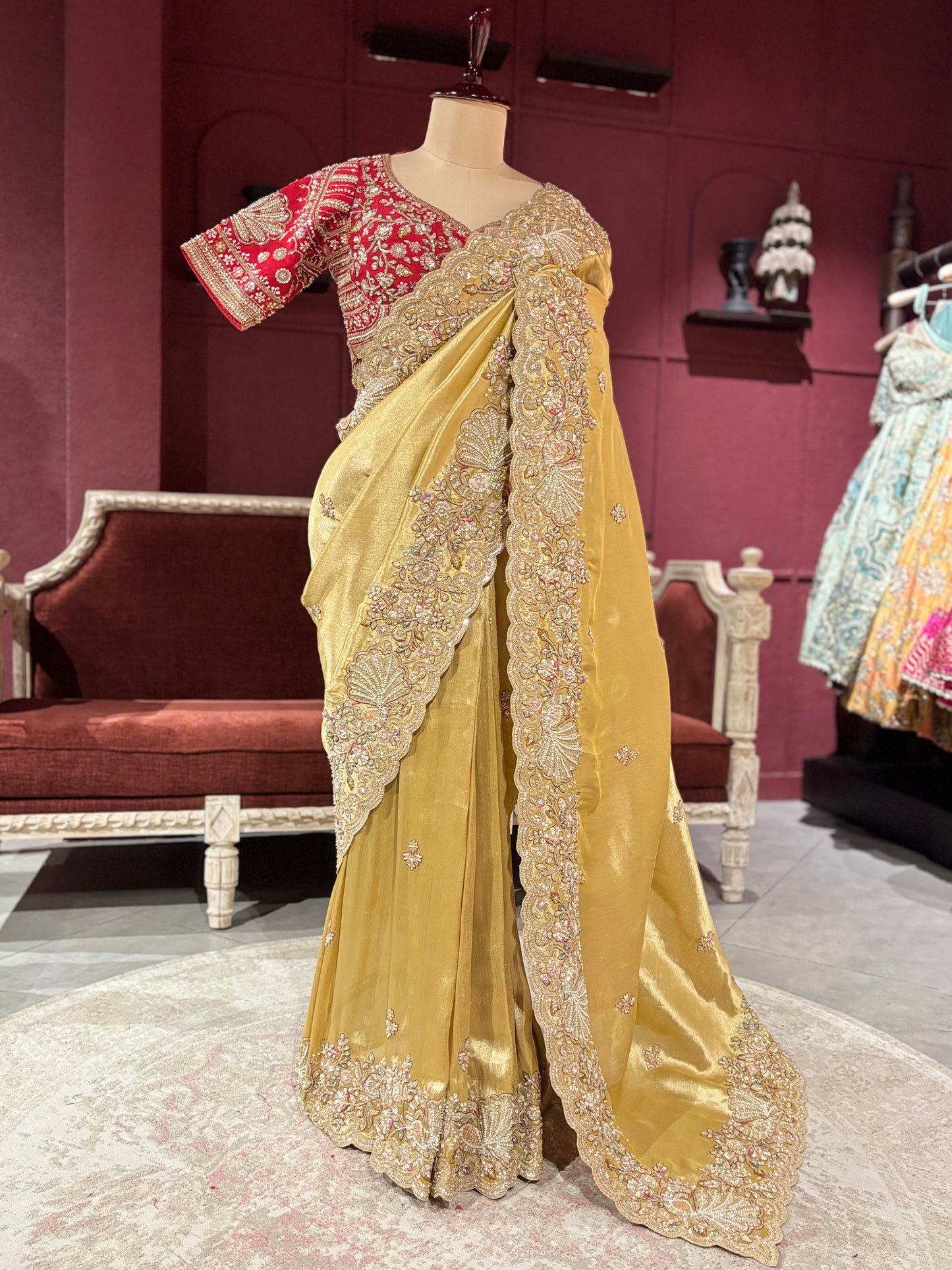 Golden Designer Saree with Paisley Embroidery With Dupatta