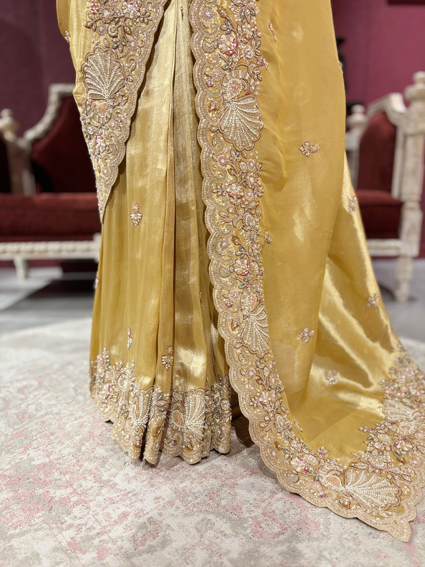 Golden Designer Saree with Paisley Embroidery With Dupatta
