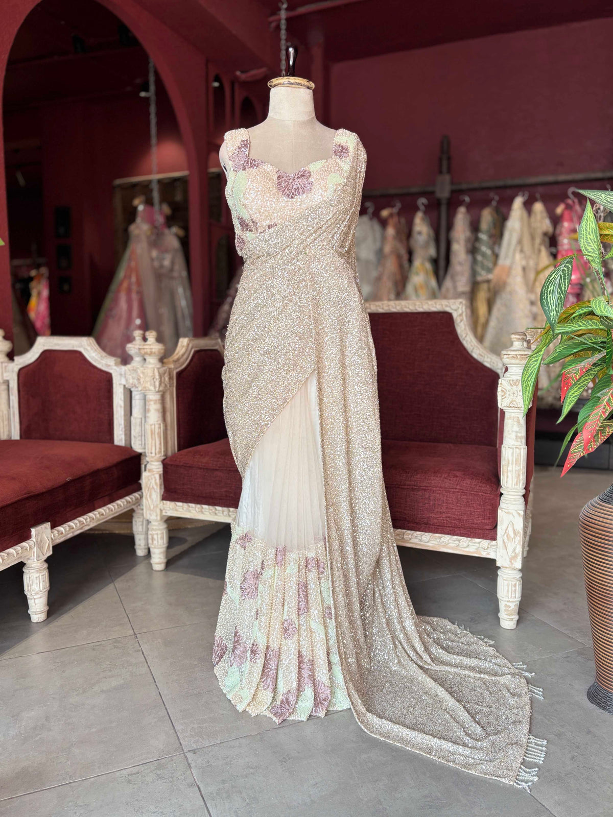 Champagne Sequin Designer Saree Gown with Embellished Blouse