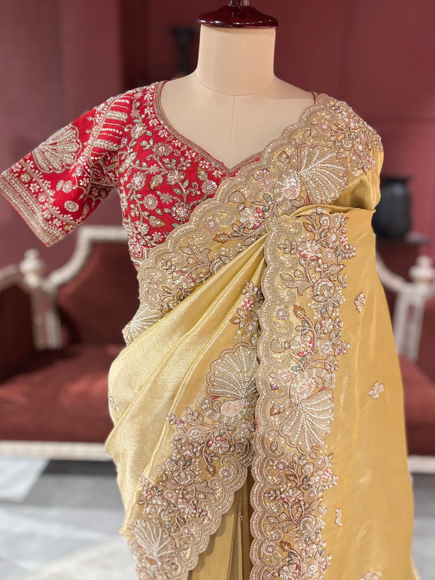 Golden Designer Saree with Paisley Embroidery With Dupatta