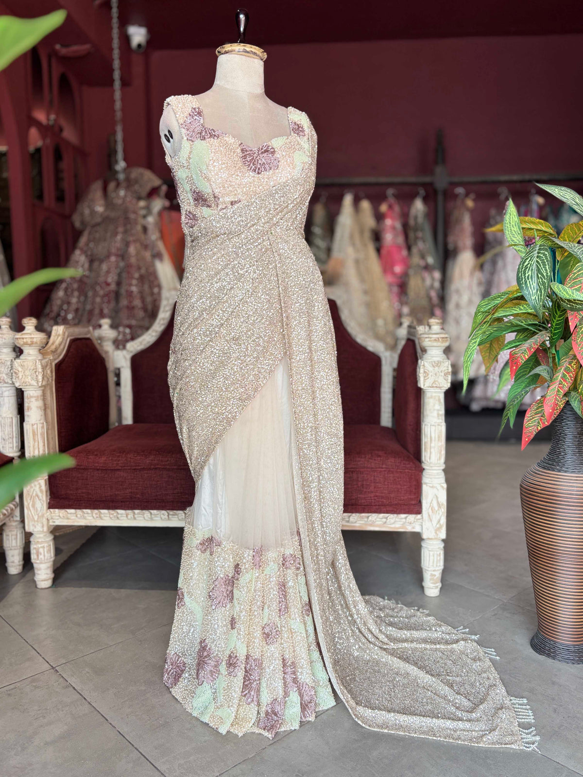 Champagne Sequin Designer Saree Gown with Embellished Blouse