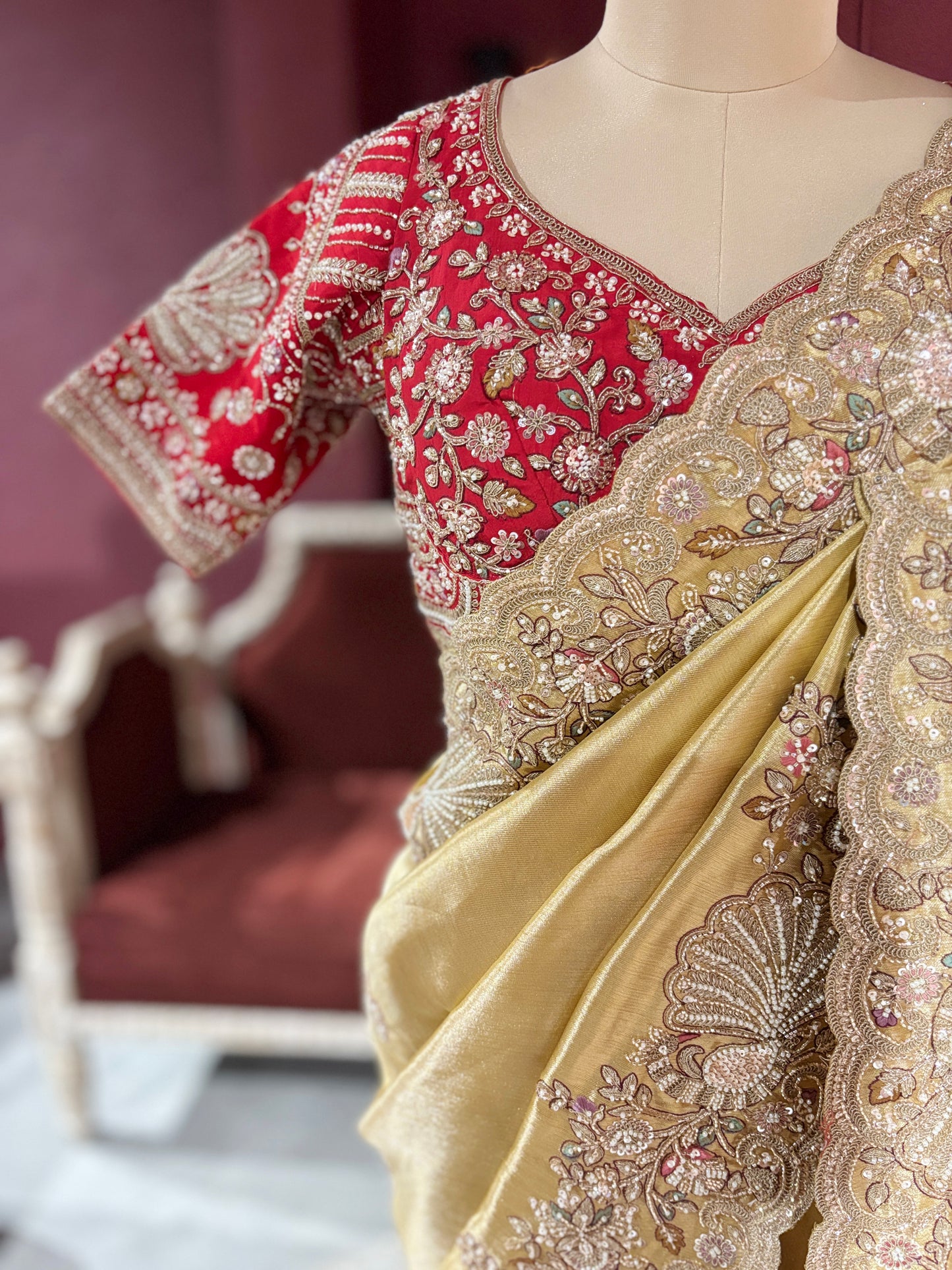 Golden Designer Saree with Paisley Embroidery With Dupatta