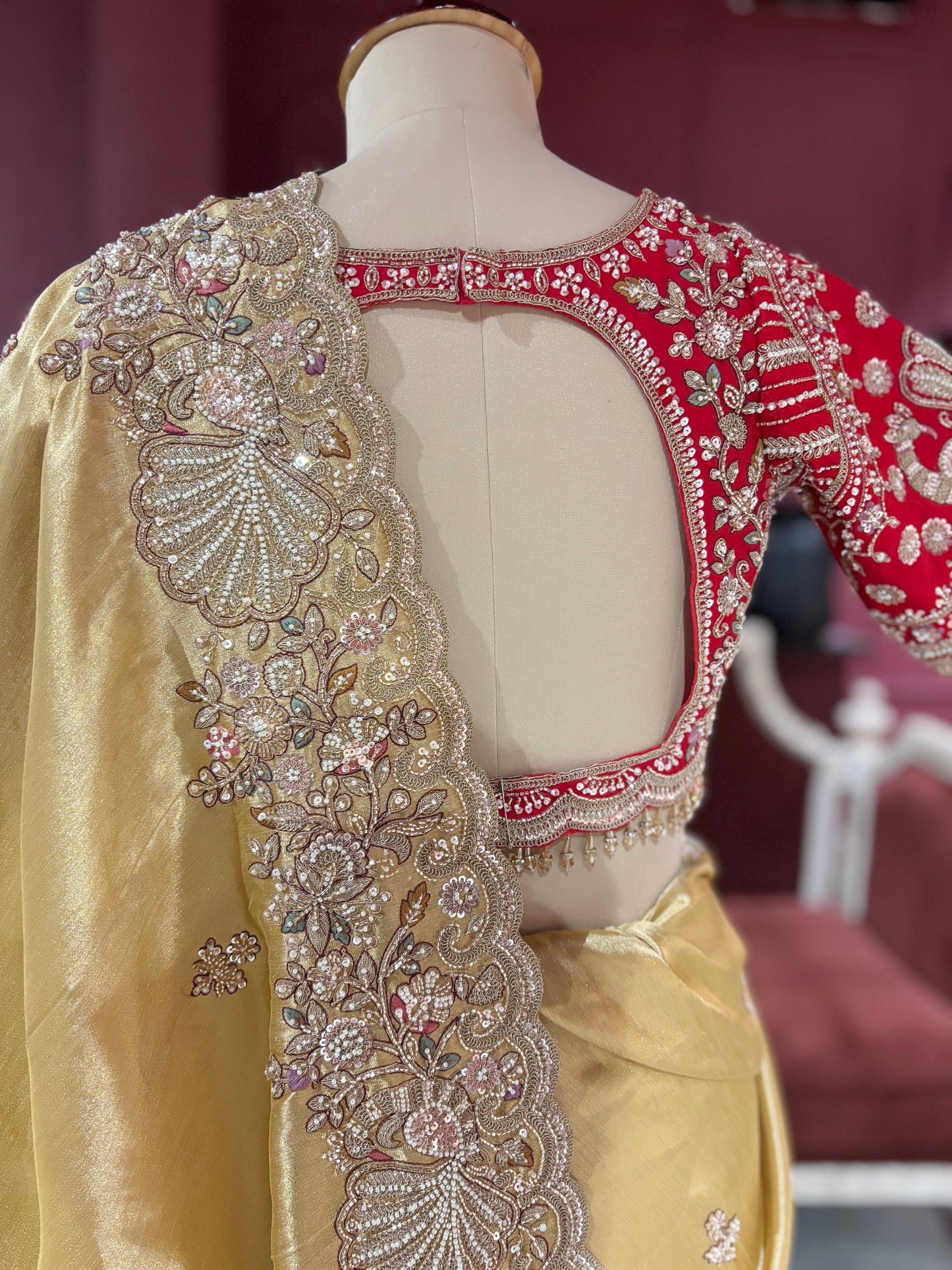 Golden Designer Saree with Paisley Embroidery With Dupatta