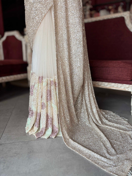 Champagne Sequin Designer Saree with Embellished Blouse