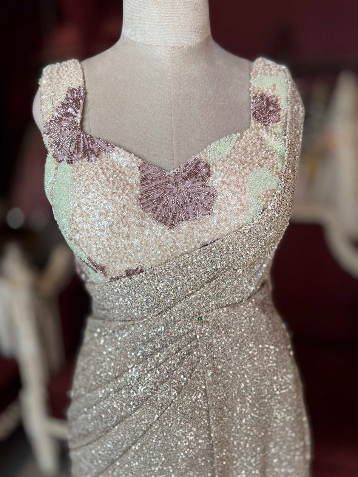Champagne Sequin Designer Saree Gown with Embellished Blouse