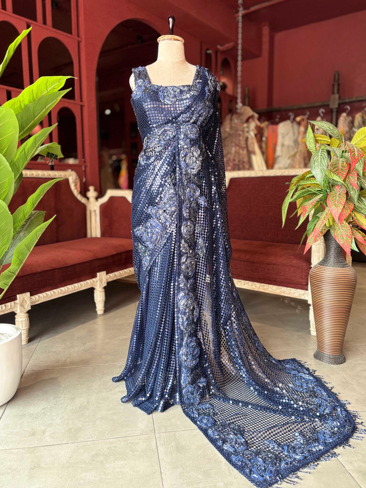 Navy Blue Sequin Designer Saree with Floral Embroidery