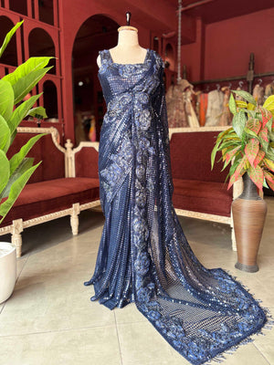 Navy Blue Sequin Designer Saree with Floral Embroidery