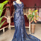 Navy Blue Sequin Designer Saree with Floral Embroidery