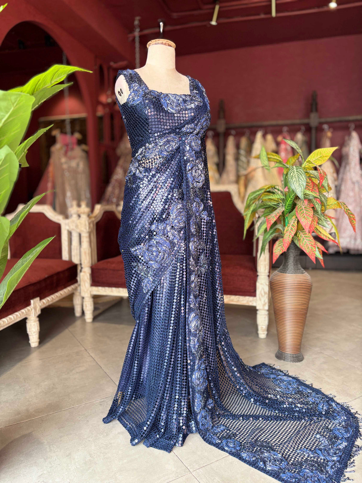 Navy Blue Sequin Designer Saree with Floral Embroidery