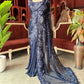 Navy Blue Sequin Designer Saree with Floral Embroidery