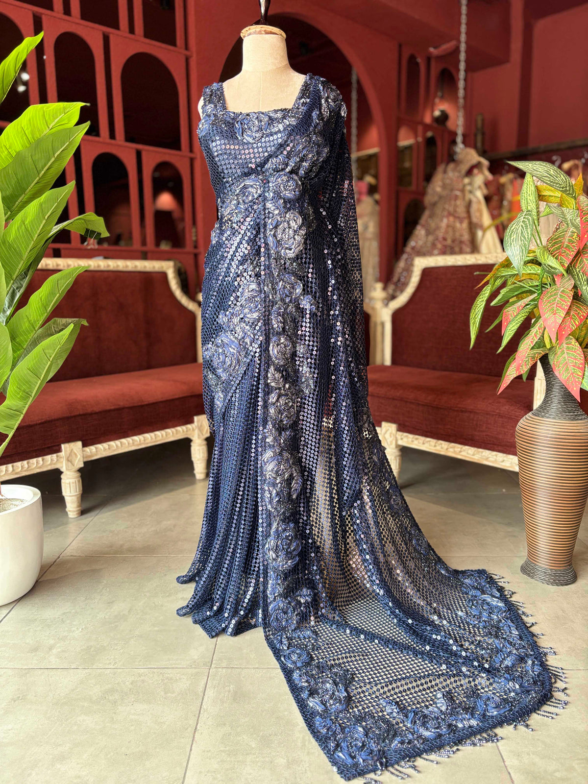 Navy Blue Sequin Designer Saree with Floral Embroidery