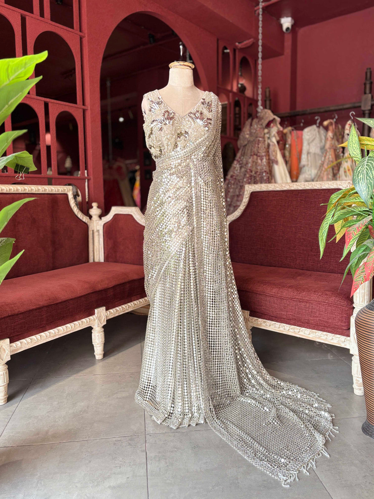 Golden Sequin Designer Saree Gown with Embellished Blouse