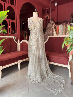 Golden Sequin Designer Saree Gown with Embellished Blouse
