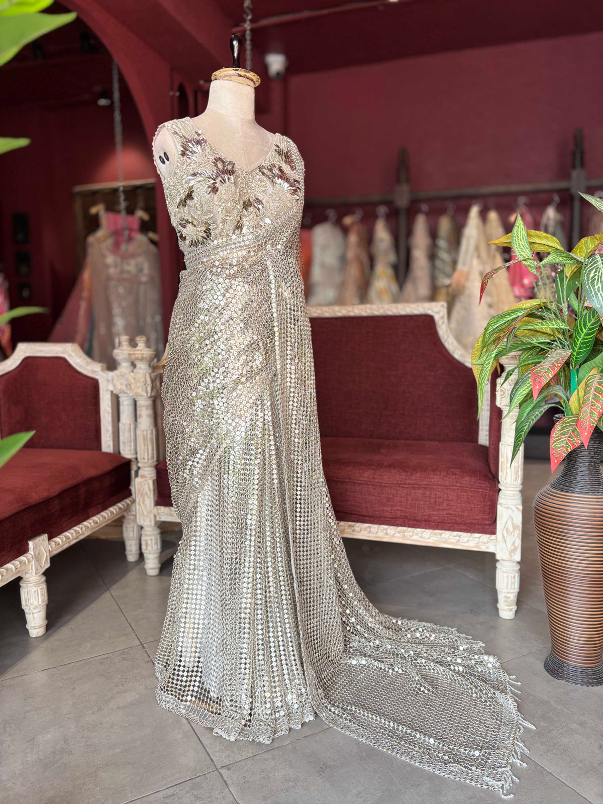 Golden Sequin Designer Saree Gown with Embellished Blouse