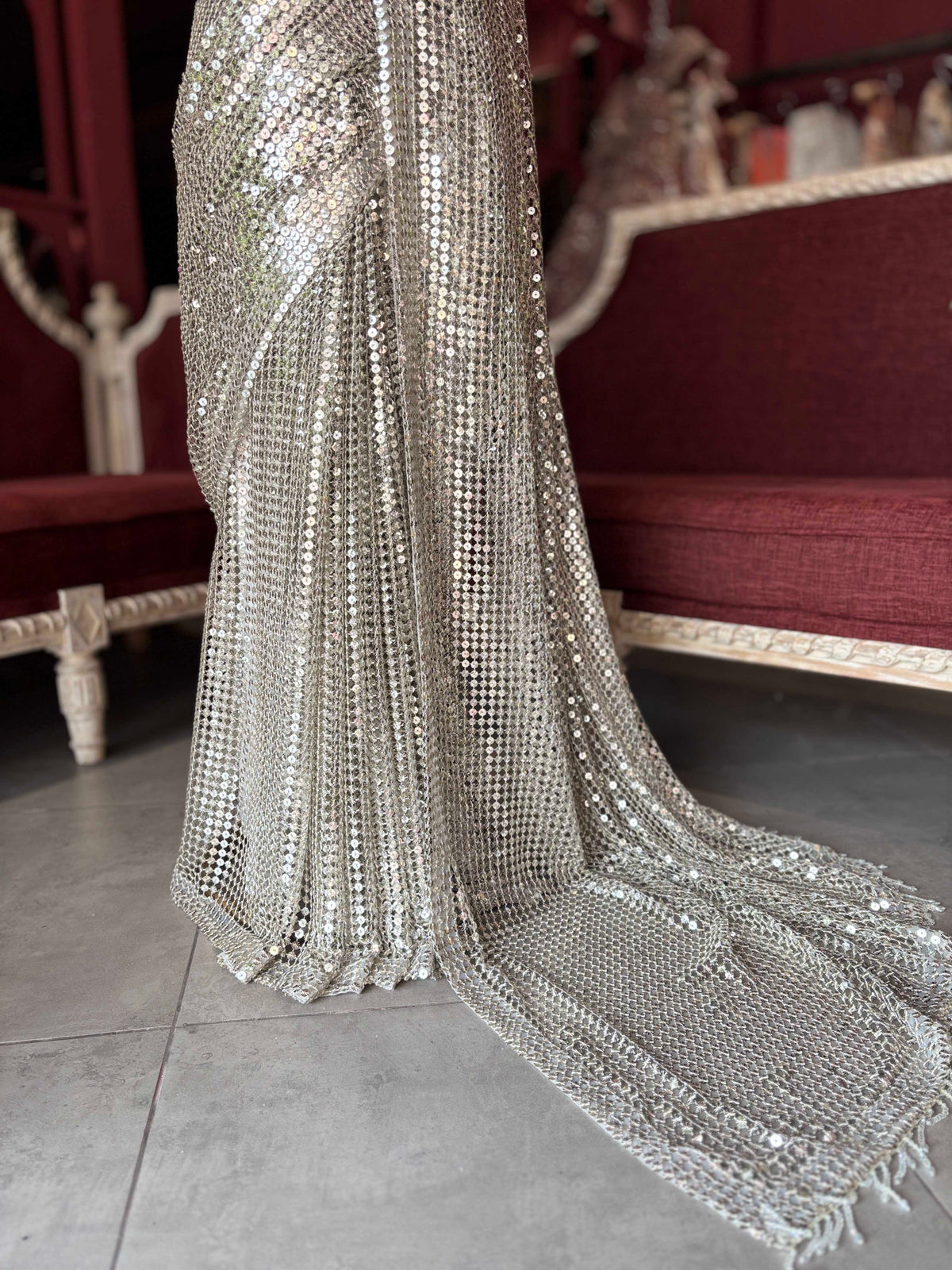 Golden Sequin Designer Saree Gown with Embellished Blouse