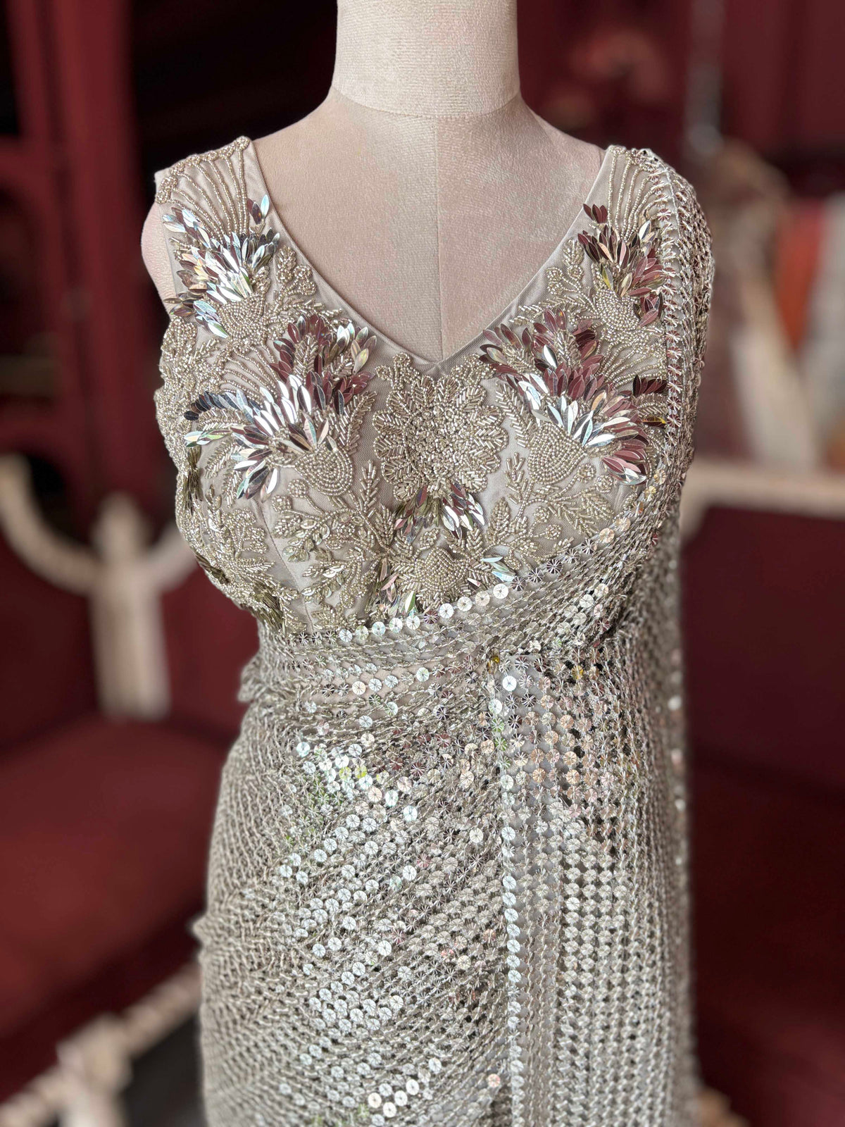 Golden Sequin Designer Saree Gown with Embellished Blouse