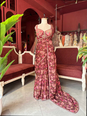 Wine Floral Draped Saree with Embellished Designer Blouse