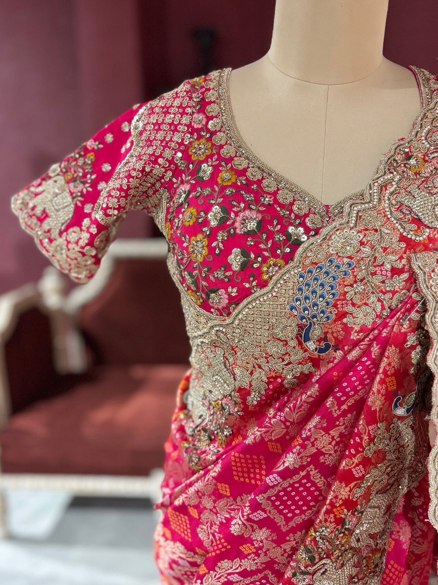 Khaddi Geotgette Saree With Elephant and Peacock Motifs