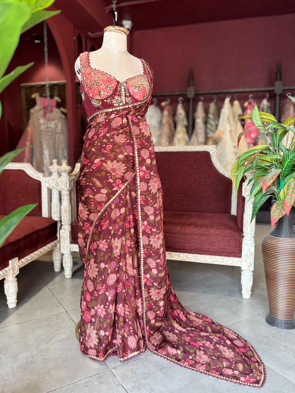 Wine Floral Draped Saree with Embellished Designer Blouse