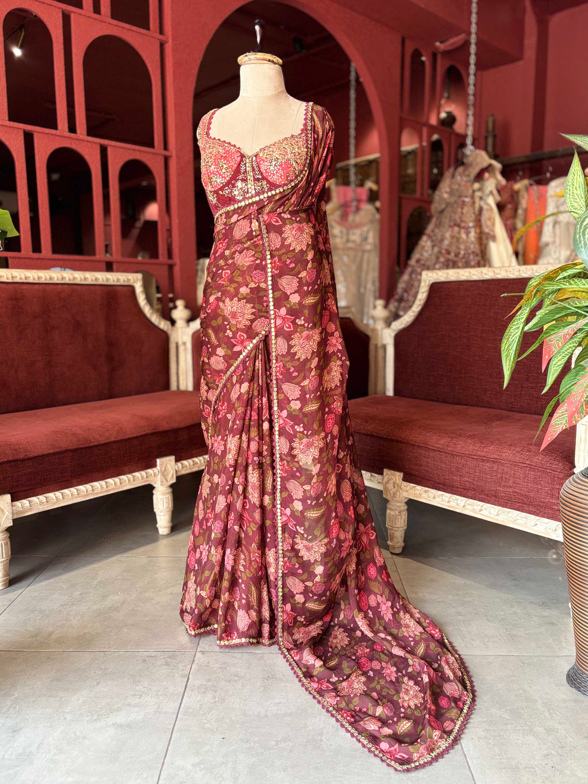 Wine Floral Draped Saree with Embellished Designer Blouse