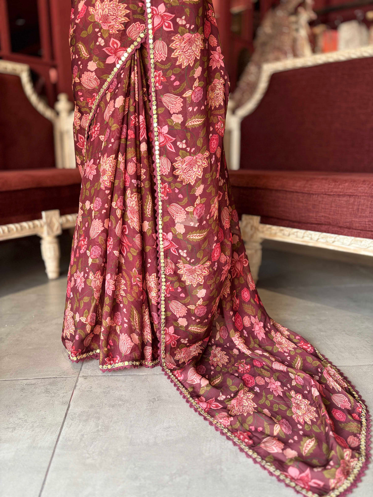 Wine Floral Draped Saree with Embellished Designer Blouse