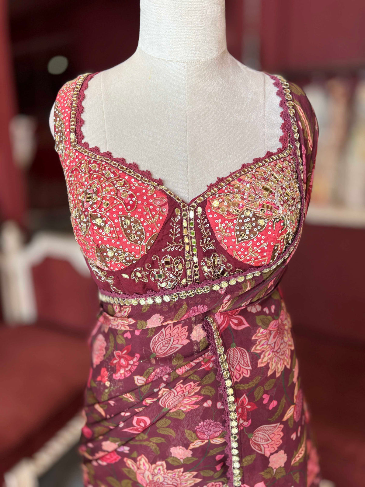 Wine Floral Draped Saree with Embellished Designer Blouse