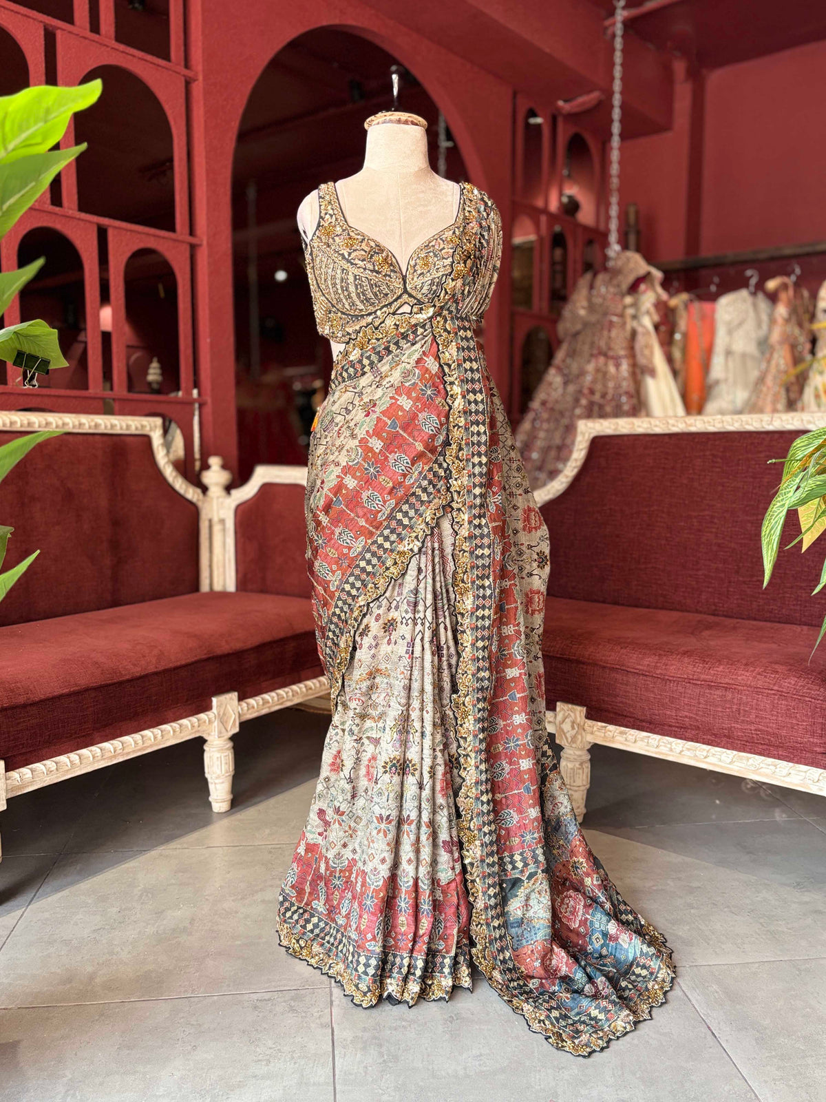 Rust & Ivory Printed Saree with Embellished Designer Border
