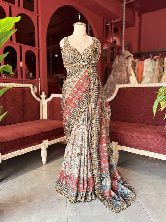 Rust & Ivory Printed Saree with Embellished Designer Border