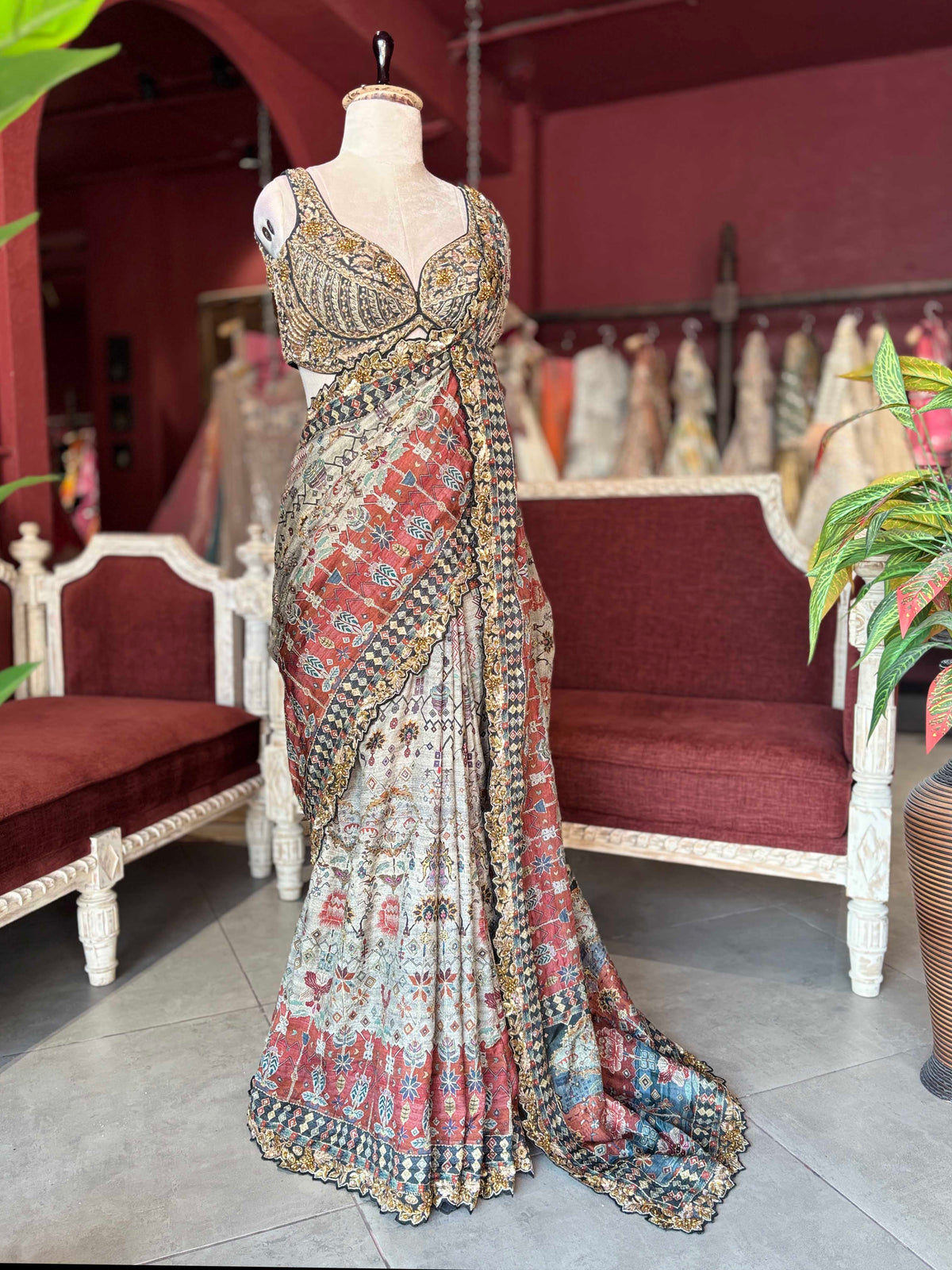 Rust & Ivory Printed Saree with Embellished Designer Border
