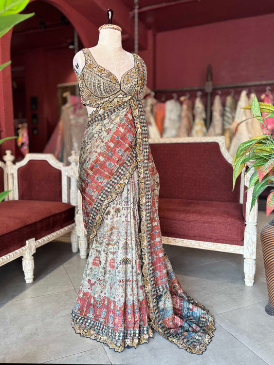 Rust & Ivory Printed Saree with Embellished Designer Border