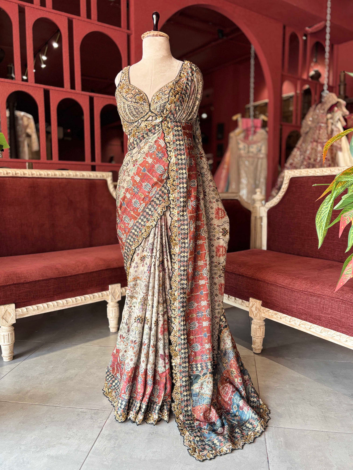Rust & Ivory Printed Saree with Embellished Designer Border