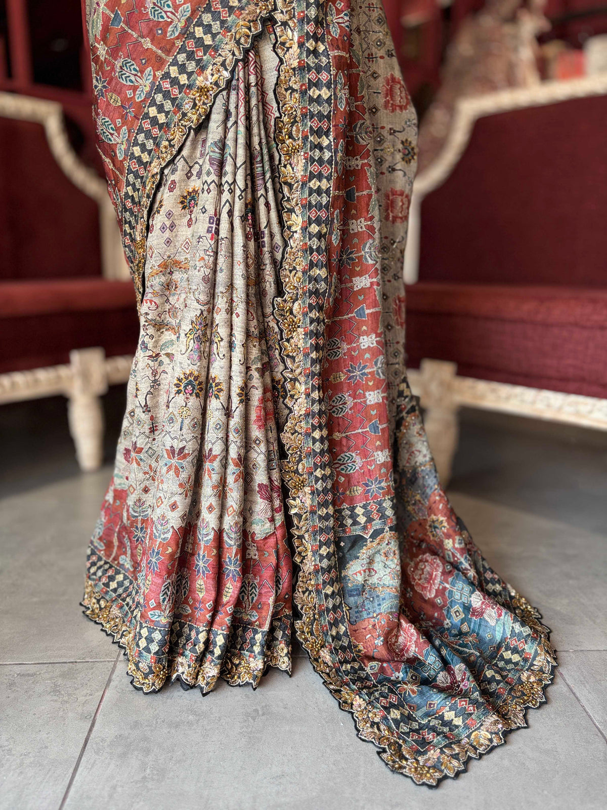Rust & Ivory Printed Saree with Embellished Designer Border