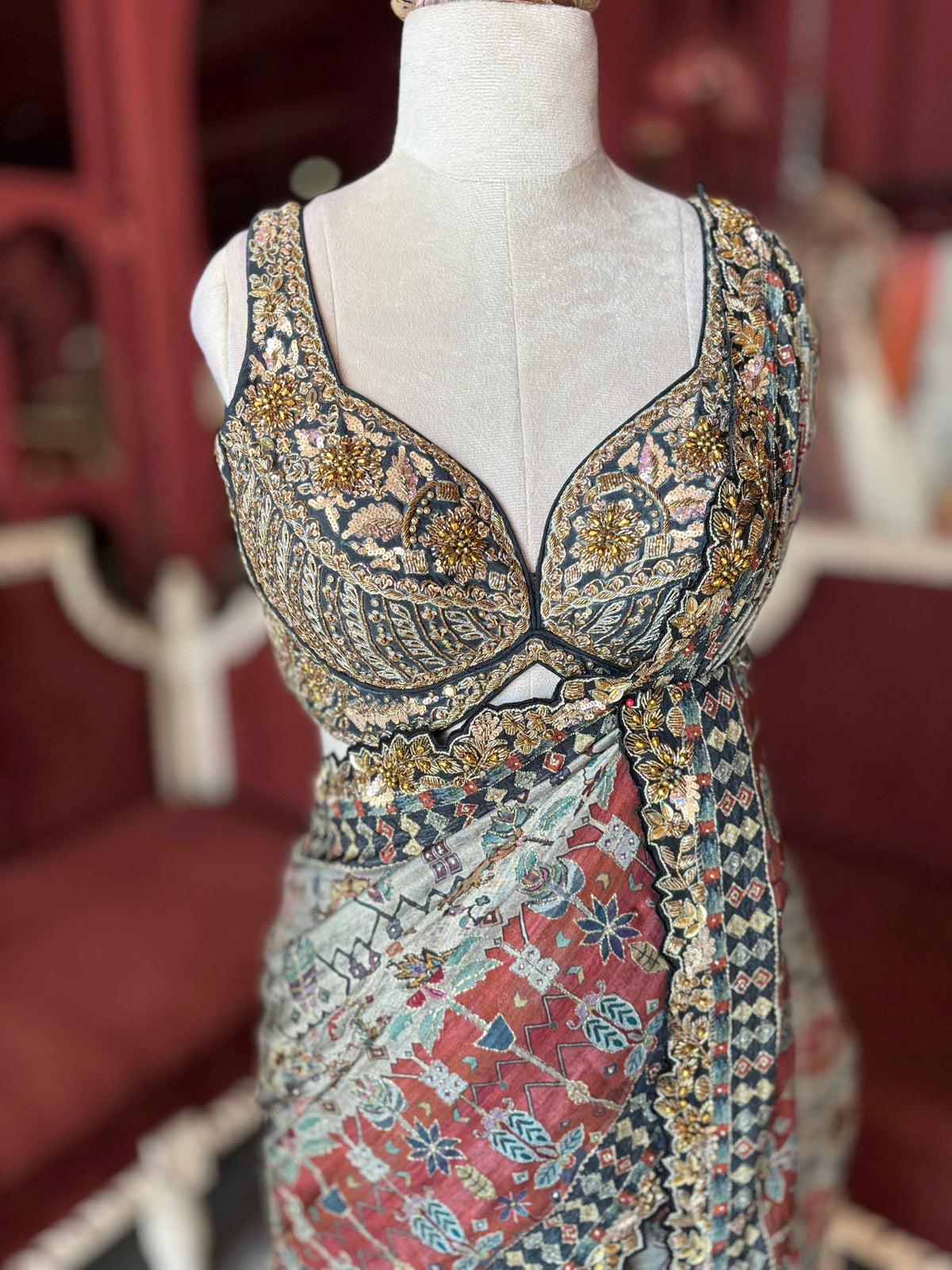 Rust & Ivory Printed Saree with Embellished Designer Border