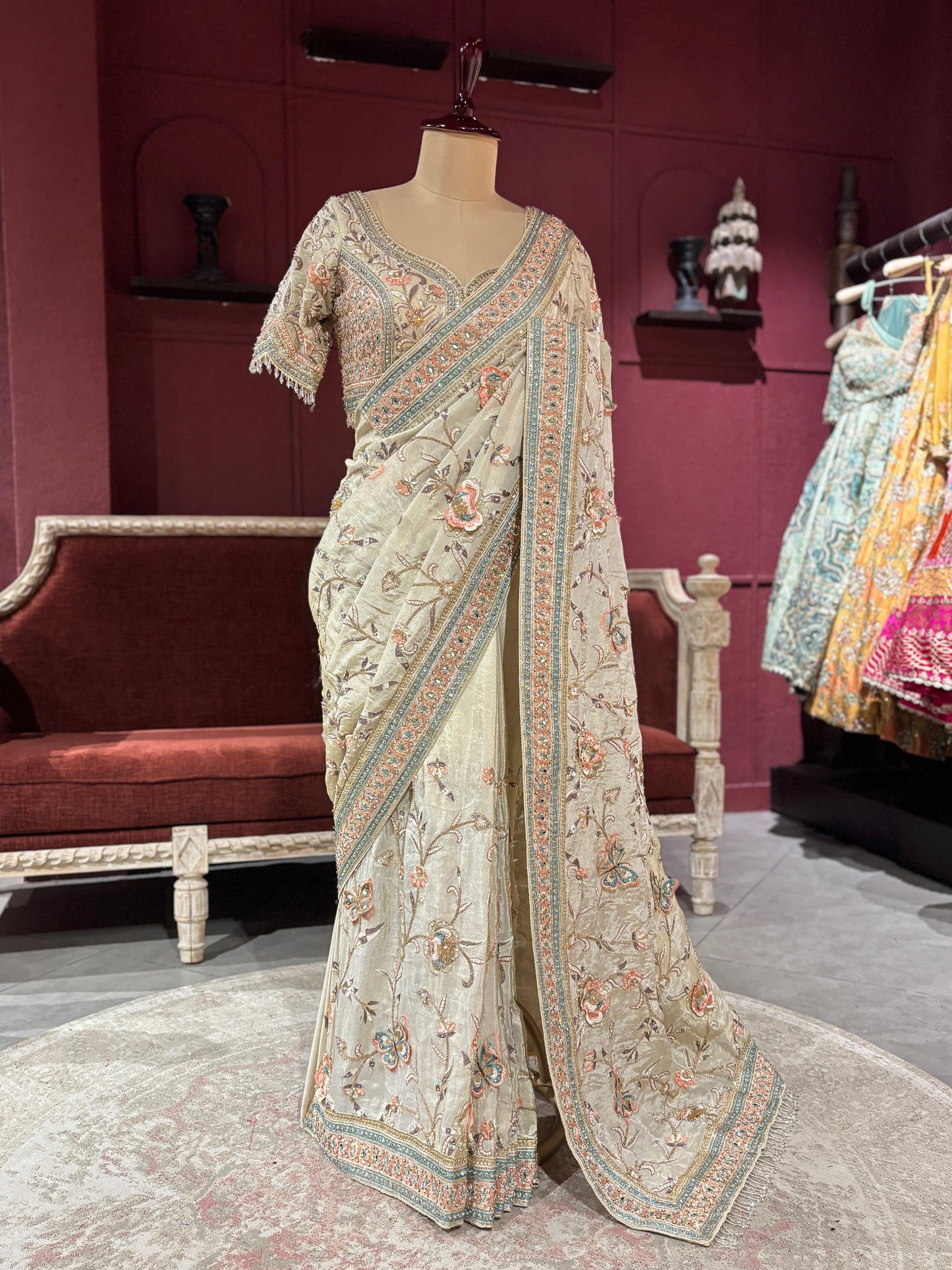 Tissue Silk Designer Saree with Pastel Floral Embroidery
