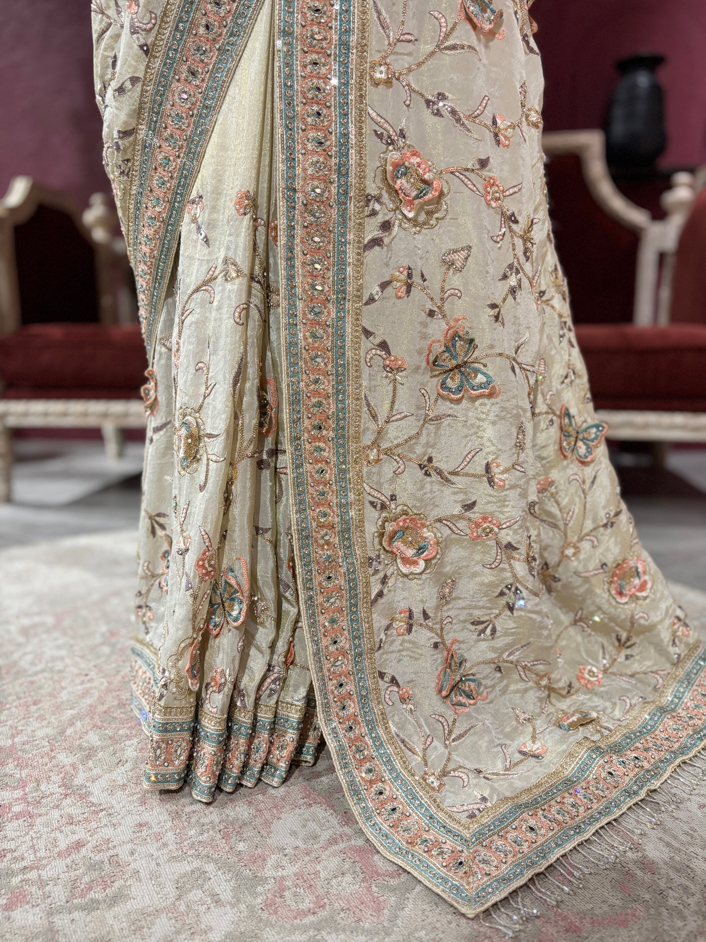 Tissue Silk Designer Saree with Pastel Floral Embroidery