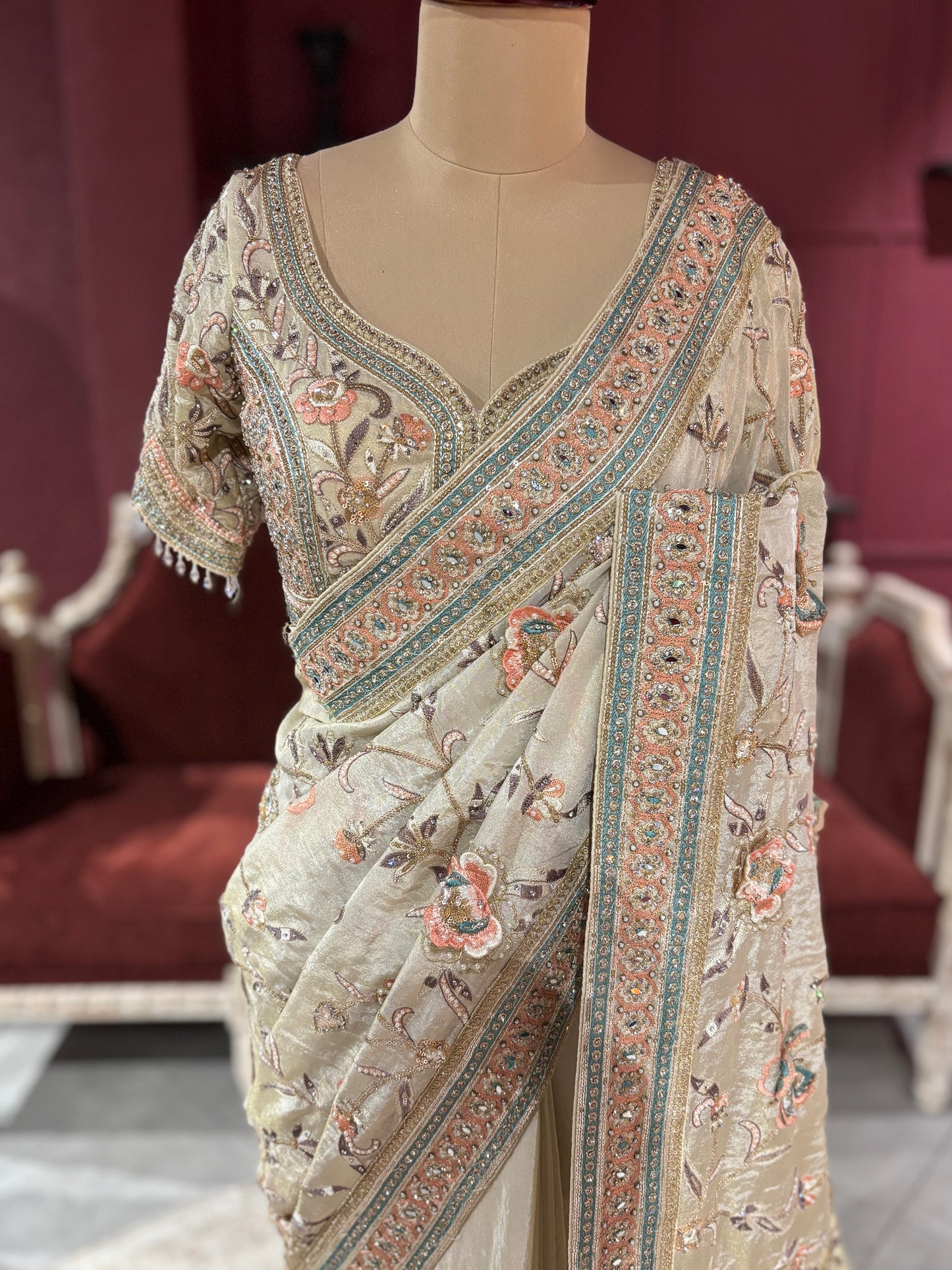 Tissue Silk Designer Saree with Pastel Floral Embroidery