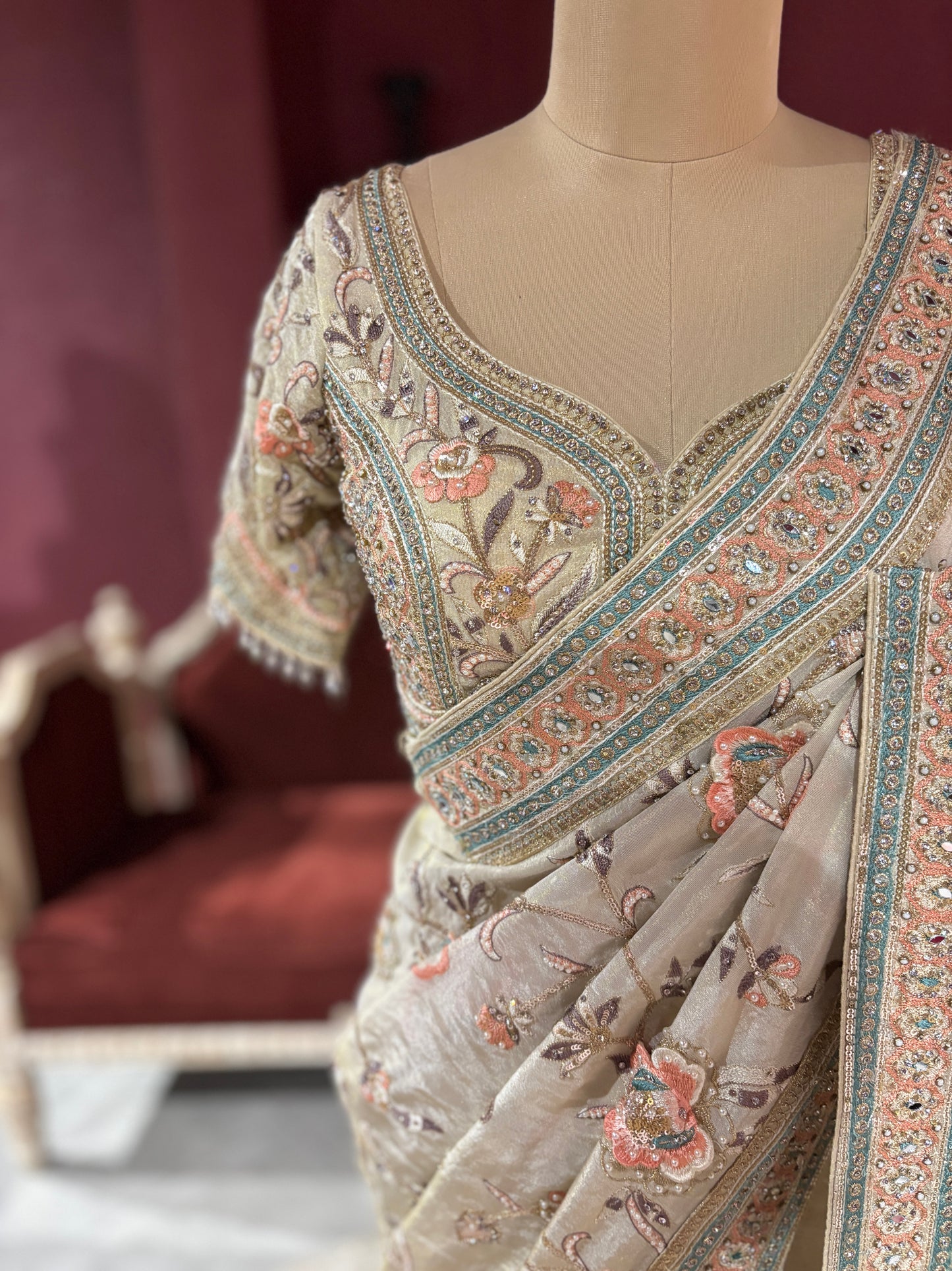 Tissue Silk Designer Saree with Pastel Floral Embroidery