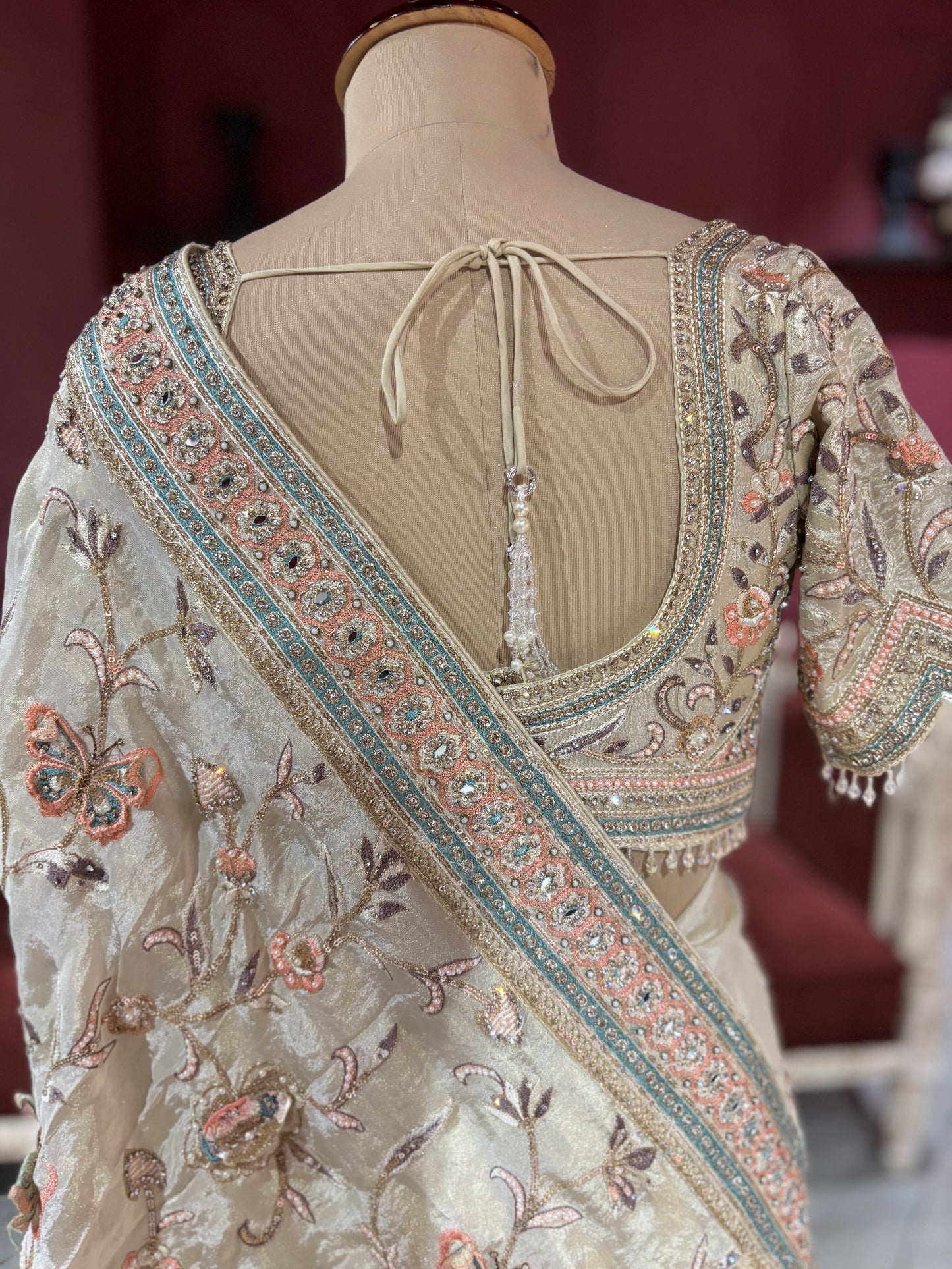 Tissue Silk Designer Saree with Pastel Floral Embroidery