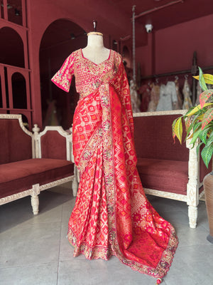Red Silk Saree with Heavy Embroidered Designer Border