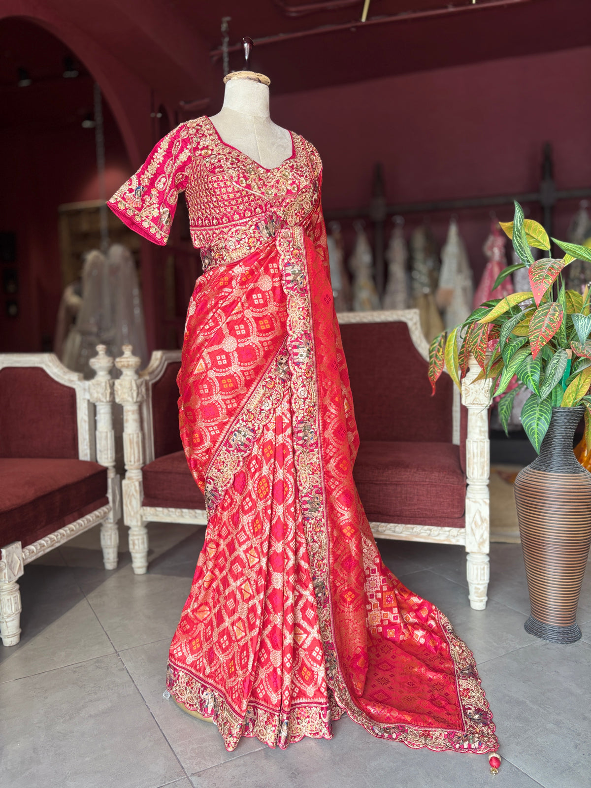 Red Silk Saree with Heavy Embroidered Designer Border