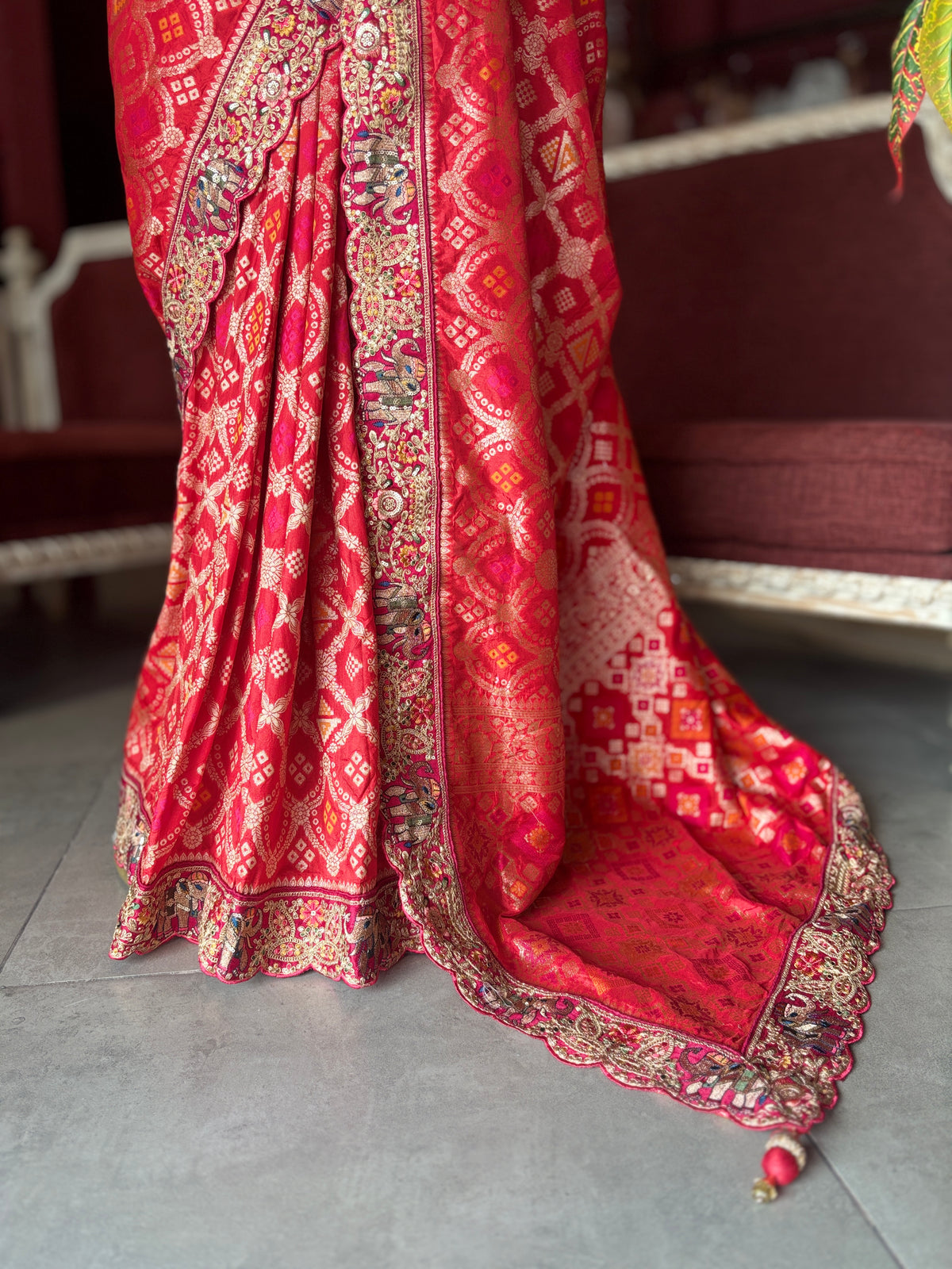 Red Silk Saree with Heavy Embroidered Designer Border