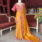 Mustard Yellow Silk Saree with Pink Embroidered Designer Border
