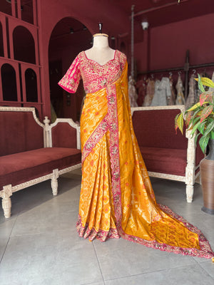 Mustard Yellow Silk Saree with Pink Embroidered Designer Border