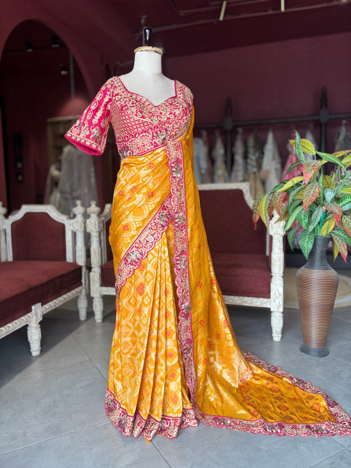 Mustard Yellow Silk Saree with Pink Embroidered Designer Border