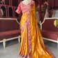 Mustard Yellow Silk Saree with Pink Embroidered Designer Border