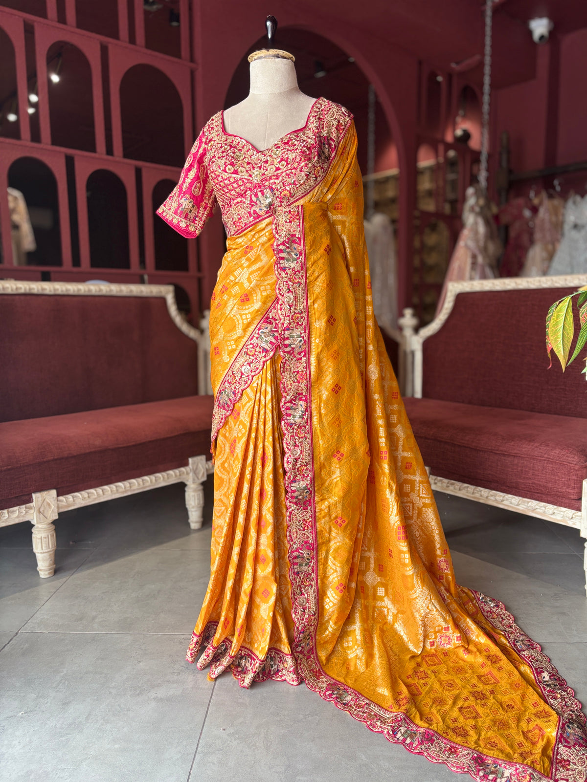 Mustard Yellow Silk Saree with Pink Embroidered Designer Border