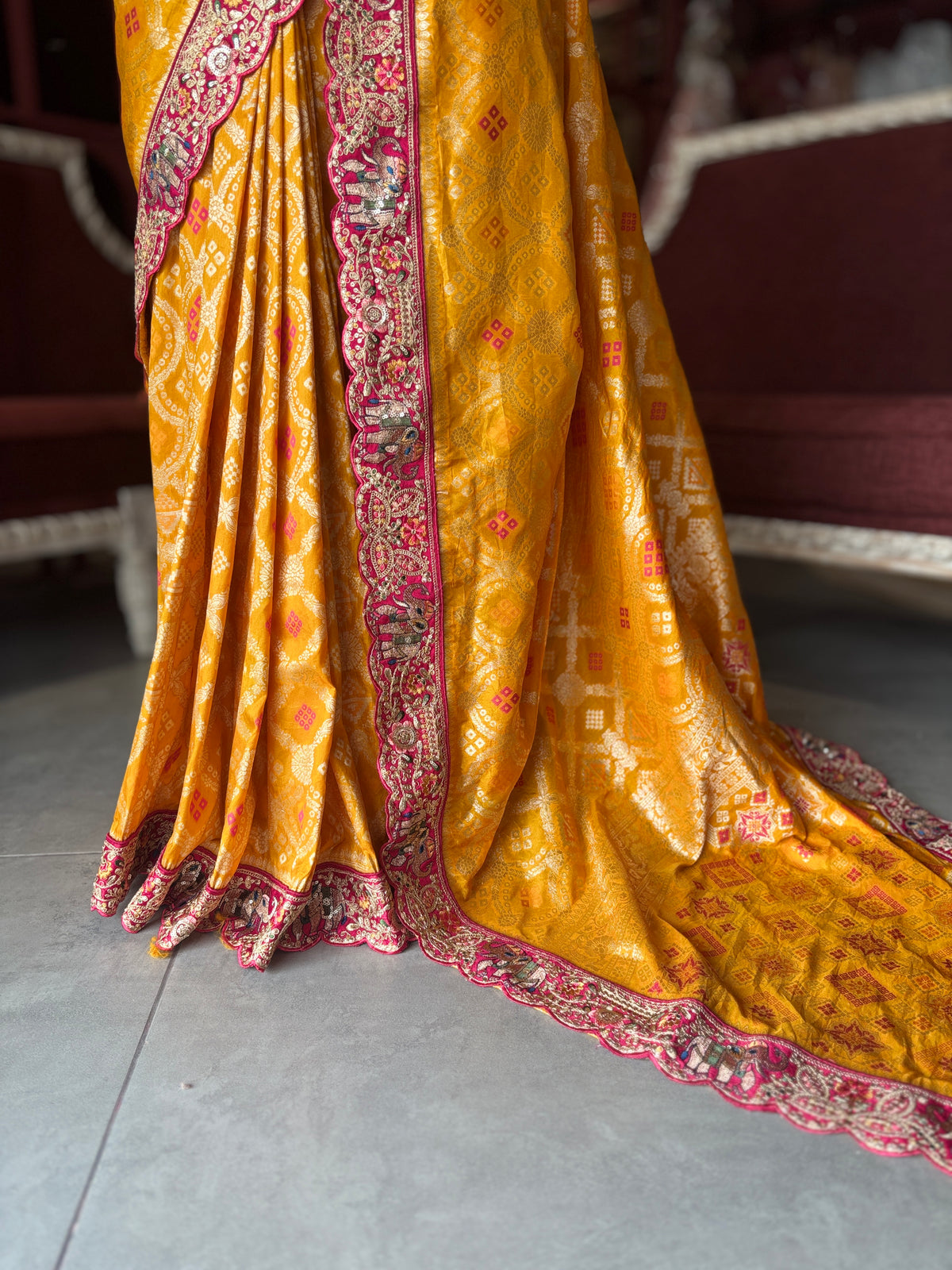 Mustard Yellow Silk Saree with Pink Embroidered Designer Border