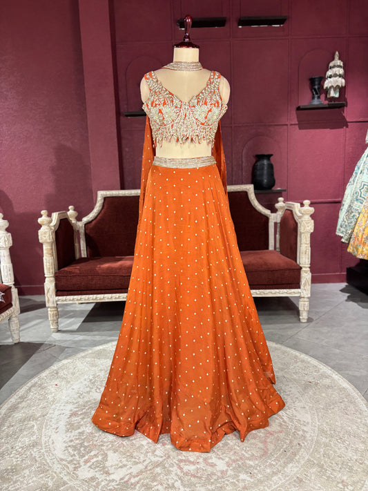 Designer Chinon Orange Lehenga with Embroidered Sleeveless Blouse