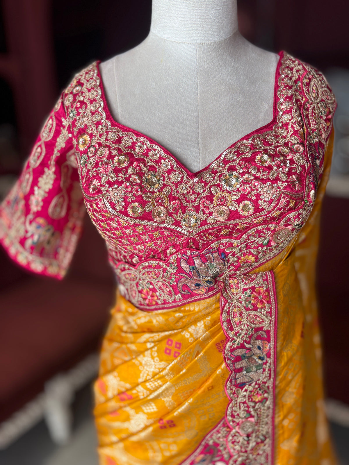 Mustard Yellow Silk Saree with Pink Embroidered Designer Border